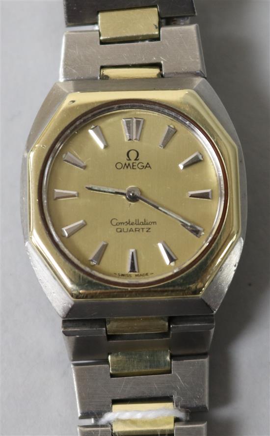 A ladys bi-metallic Omega Constellation quartz wrist watch.